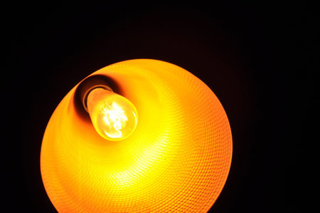 A shot of a warm incandescent bulb interior design isolated on black background