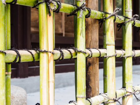 A closeup shot of a Japanese bamboo fence on a blurred backgroundの写真素材