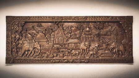 A closeup of an engraved piece of wood with historical images on a wallの写真素材