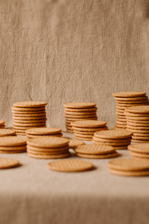 Heap of wheat biscuits as background and texture for design. Delicious cereal biscuits ready to eat. Breakfast concept.の写真素材