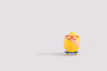 A lemon with a first aid strip and miniature glasses on a miniature skateboard on a white background