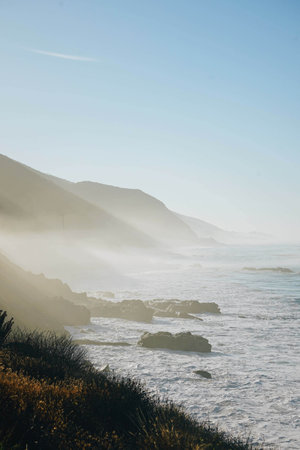 A scenic misty coastline in Malibu, California, USAの写真素材