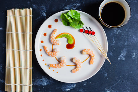 A top view of delicious Japanese shrimps with wasabi and soy sauce on the tableの写真素材