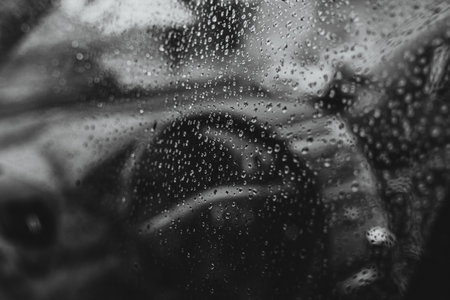 Raindrops on a car window in black and white with some reflections on a rainy day