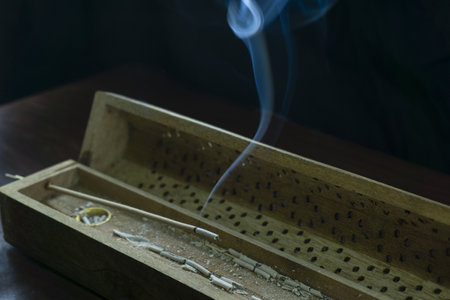 A closeup shot of a burning bamboo skewer in a boxの写真素材