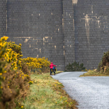 A vertical shot of a woman on the road with his bicycle near the Ben Crom Reservoir, North Irelandの写真素材