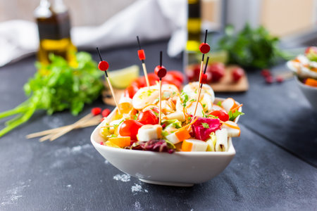 A closeup of the delicious and freshly made L'Oceane salad in a bowlの写真素材
