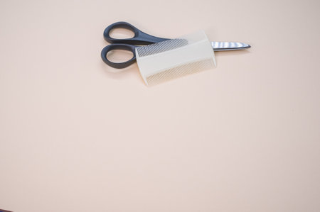 A top view of a hairbrush and scissors on a plain background