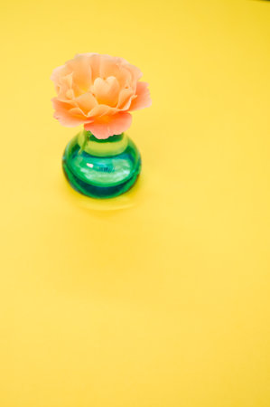 A vertical shot of a polymer clay flower isolated on a yellow background with copyspaceの写真素材