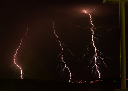 A dramatic view of lightning strikes at night