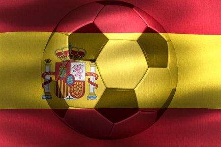 Spain flag with a soccer ball moving in the windの写真素材
