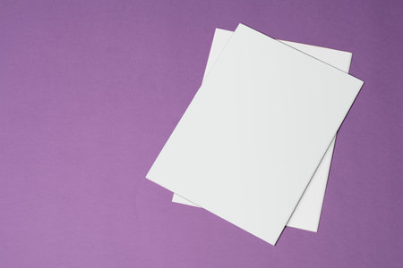 Two tri-fold catalog with blank cover on purple background, mock-up series template ready for your design, cover selection path includedの写真素材