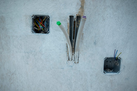 Electricity Installation in Modern Apartment Under Construction in Switzerland.の写真素材