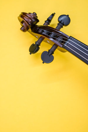 A vertical shot of the pegbox of a violin on a yellow background with a copy spaceの写真素材