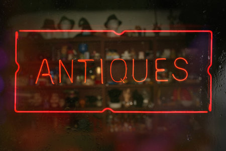 Neon Antiques Sign in Rainy Windowの写真素材