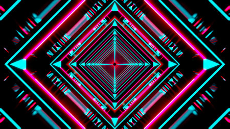 3D illustration graphics of beautiful pink and blue color neon lighting sci-fi shape tunnel.の写真素材