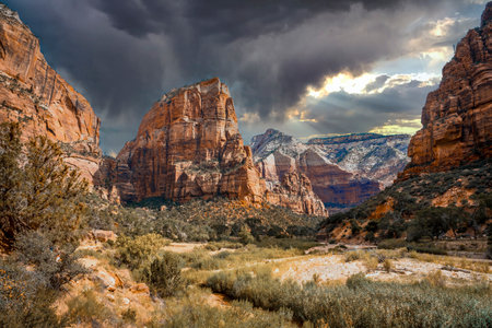 The beautiful mountain that climbs on the Angels Landing Trail trekking in Zion National Parkの写真素材