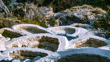 natural pools made of volcanic lava in the city of huancavelicaの写真素材
