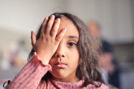 little girl covers one eye with her handの写真素材