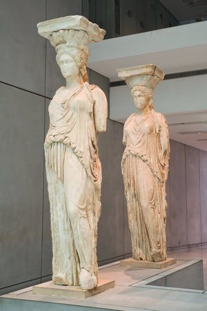 Acropolis Museum, 
Athens, the famous statues of the Caryatids, were transported from the Erechtheion for reasons of protection, Greece, Athens.のeditorial素材