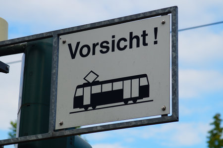A sign warns of crossing trains at an above-ground underground station in Frankfurt-Riedberg.の写真素材