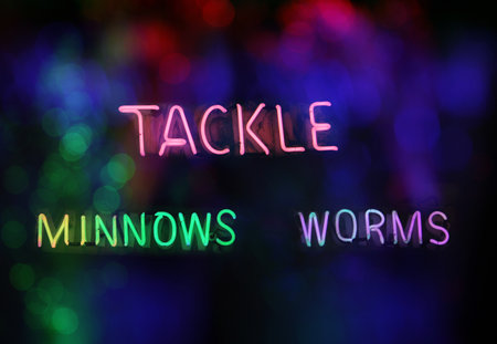 Neon Photo Composite, Bait Shop Theme, Tackle, Minnows and Worms Signの写真素材