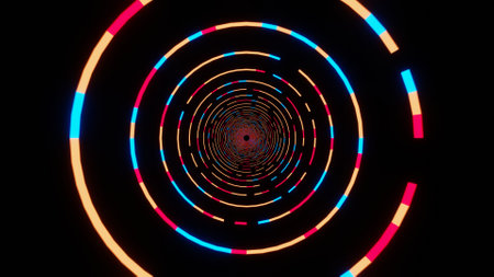 3D illustration graphic of beautiful colorful neon lighting circular round shape tunnel seamless looping.の写真素材