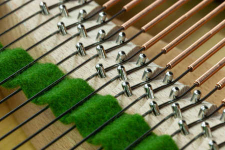 Many Strings and tuning pegs with green felt from a grand pianoの写真素材