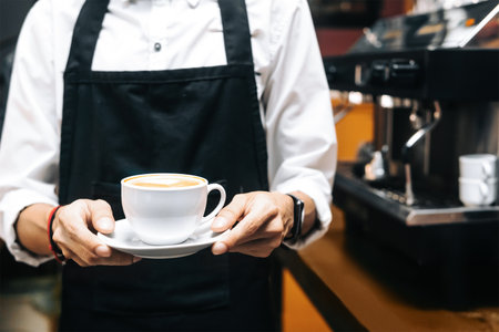 portrait of an unrecognizable person working as a barista holding a cup of coffee. waiter concept.の写真素材