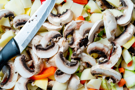 Fresh chopped vegetables and champignons. Healthy food and healthy lifestyle.の写真素材