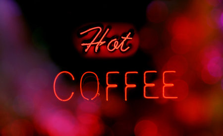 Vintage Neon Hot Coffee Sign With Bokehの写真素材