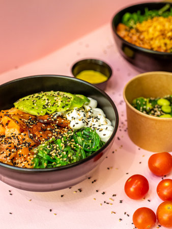 A vertical shot of a healthy fresh dish with slices of salmon and vegetables