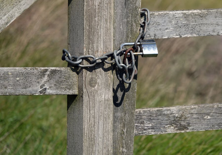 A closeup shot of a metallic chain with a padlock on a fenceの写真素材