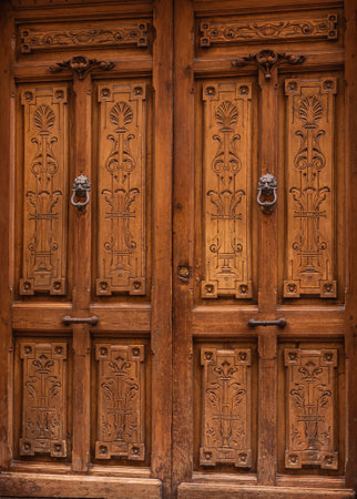 Solid wood door, with rustic ornamentation, photo made in close-upの写真素材