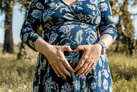 Midsection photo of pregnant woman holding hands shaped as heart over her pregnancy belly.の写真素材