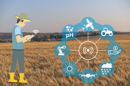 A production with modern farming technologies, a farmer doing agricultural jobs by mobile phone, wheat farm backgroundの写真素材