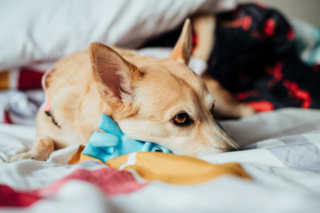 A closeup shot of a cute white Carolina dog lying on a bedの写真素材