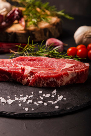 close up of raw beef steak on slate background with salt and herbs.の写真素材