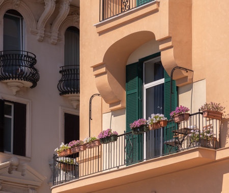 Italian balcony with flowers in the city of Naples in Italyの写真素材