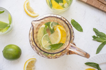In the photo, we see an overlay shot of the lemonade jar with pieces of lemon, lime and mint.
