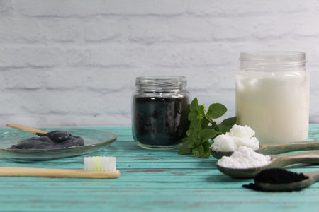 group of natural ingredients to prepare toothpaste with activated carbon.の写真素材