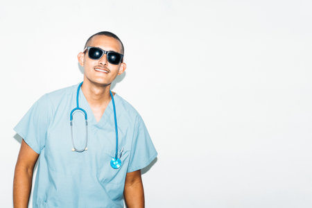 portrait of adult man dressed as doctor with summer sunglasses, smiling and cheerful. summer concept...