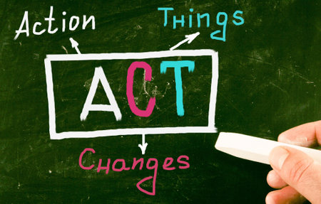 A motivational quote "ACT - Action changes things" on the blackboardの写真素材