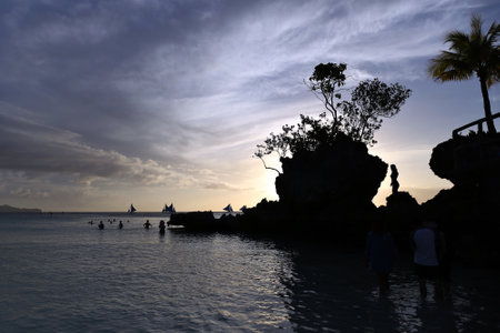 A silhouette of rocky coastline with trees and people swimming at sunsetの写真素材