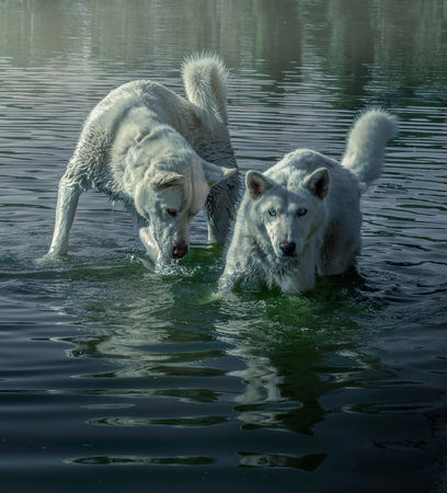A vertical shot of white wolves in the water