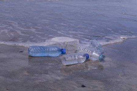 The plastic bottle waste on the beach - environmental pollution conceptの写真素材