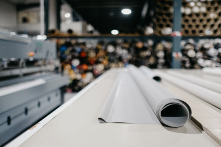 A selective focus shot of white rolls of textile for roller blinds in a factoryの写真素材