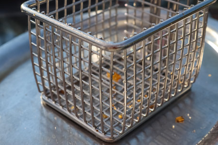 A closeup shot of an empty metallic fryer on a table with some little fries pieces