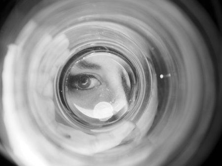A black and white shot of a woman's eye through the glassの写真素材