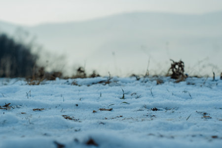 A selective focus shot of snow covering the ground out in the open with dim silhouettes of hills in the backgroundの写真素材